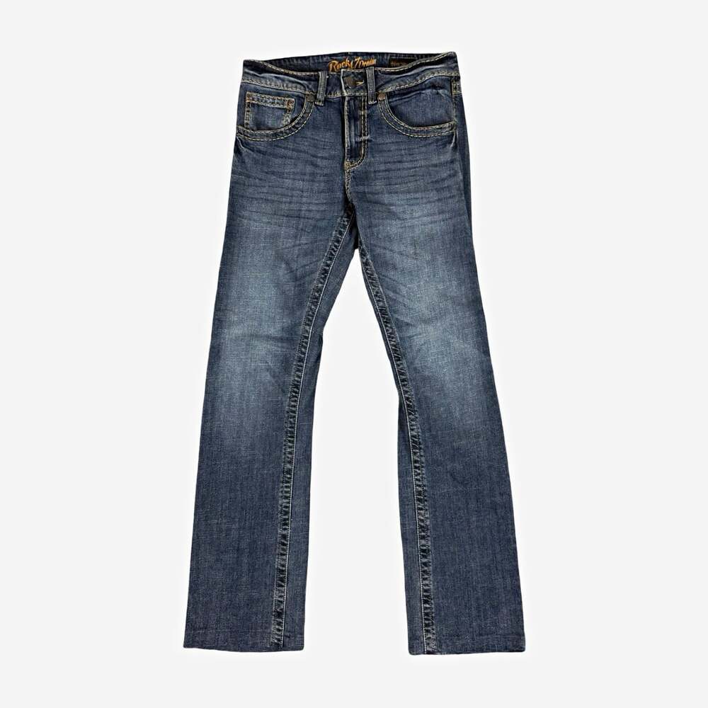 Wrangler Y2K Rock 47 Slim Straight Blue Denim Jeans Medium Wash Distressed Pants